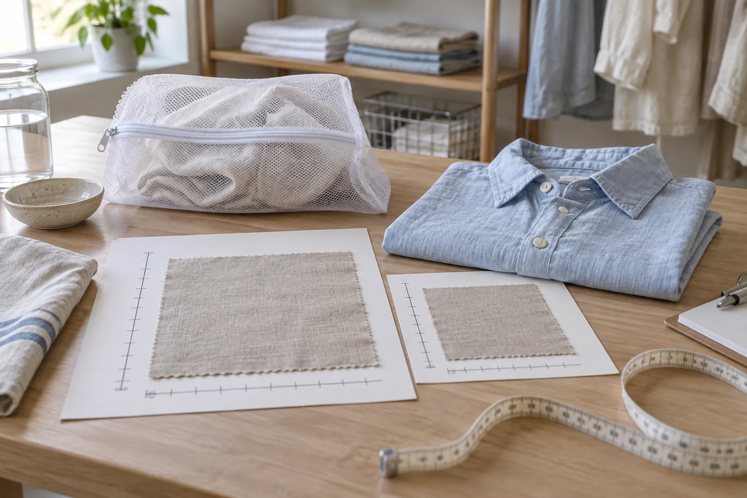 Linen garment care development scene with pre-wash sample, measurement marks, wash bag and folded linen shirt on a clean testing table, no readable text