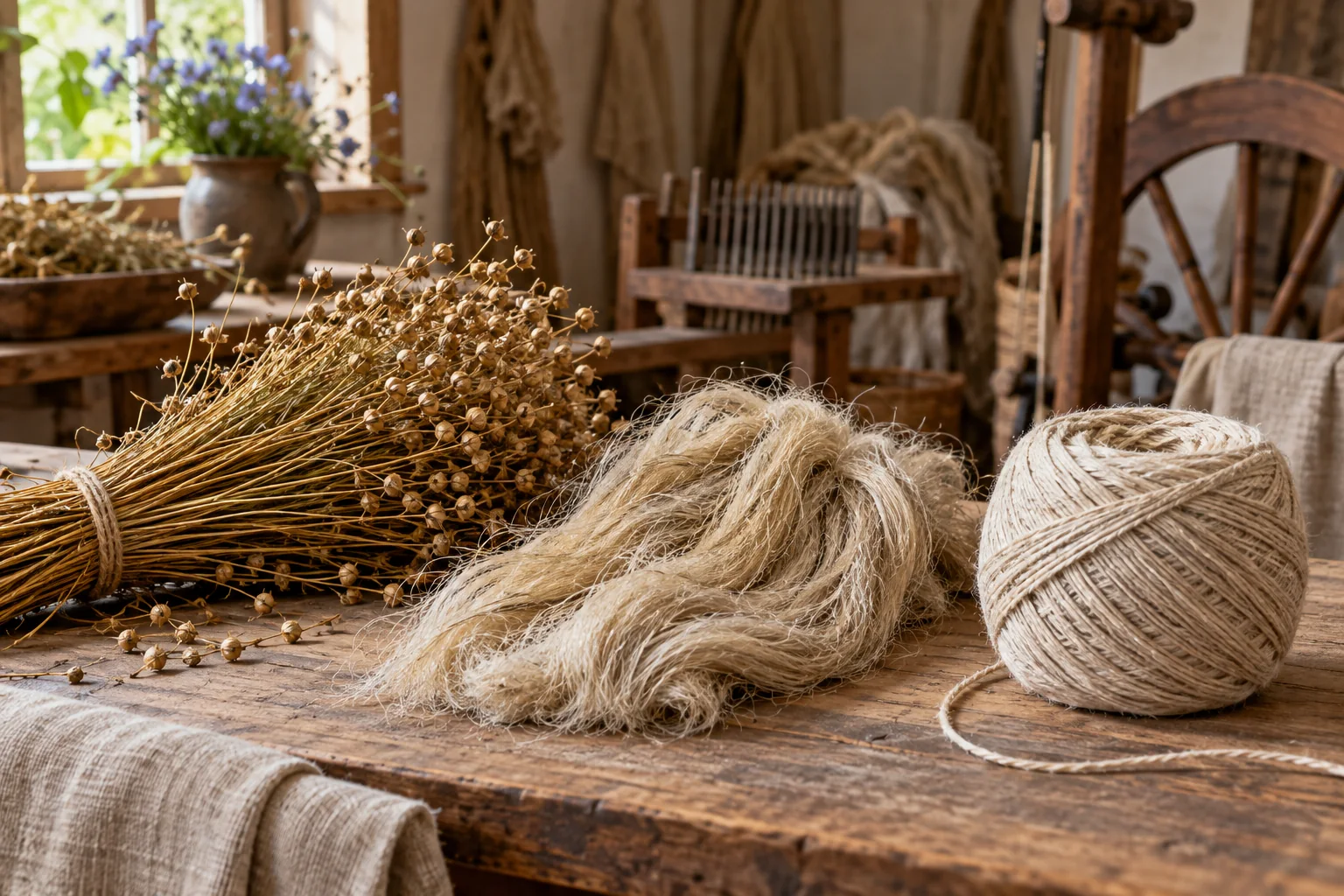 Flax stems, prepared bast fibers and spun linen yarn arranged in a traceable textile development sequence, warm workshop light, no text or labels