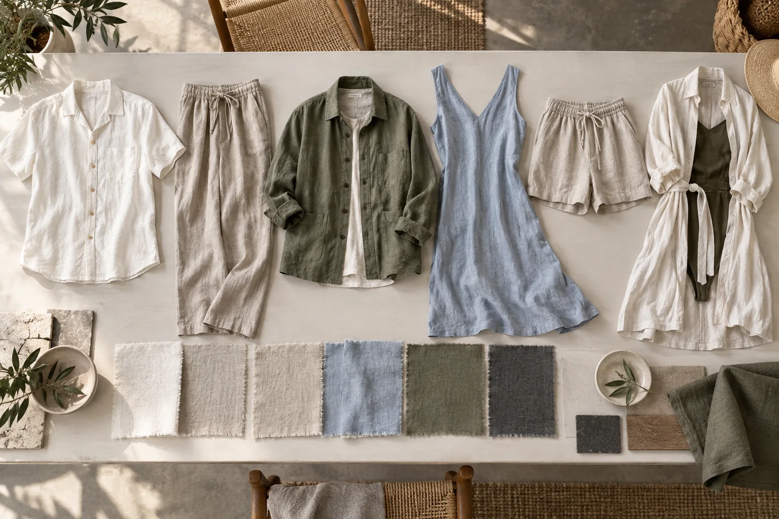 Linen apparel application board showing a summer shirt, relaxed trousers, overshirt, dress, shorts and layered resort garment, no logos or readable text