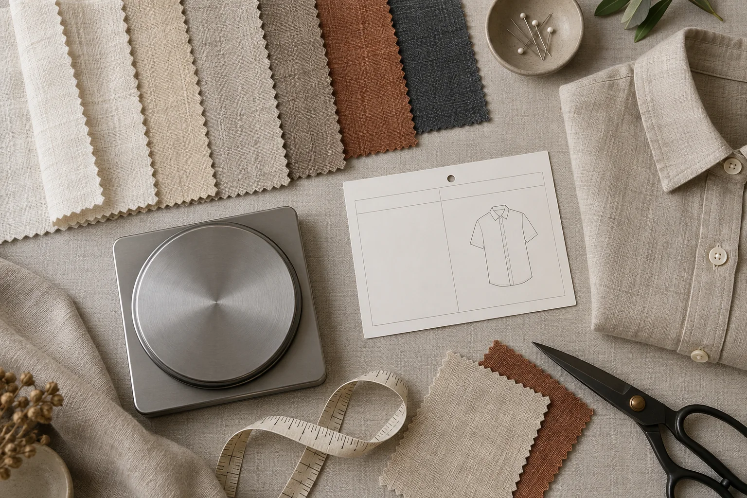 Linen GSM selection flat lay with fabric swatches, a calibrated scale, width tape, folded shirt panel and blank tech-pack card, no readable numbers