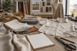 Linen fabric and flax fiber swatches arranged beside a lightweight summer shirt, measurement tape and a blank apparel brief on a sourcing table, no logos or readable text