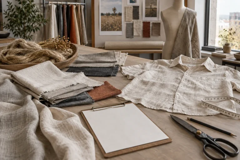 Linen fabric and flax fiber swatches arranged beside a lightweight summer shirt, measurement tape and a blank apparel brief on a sourcing table, no logos or readable text
