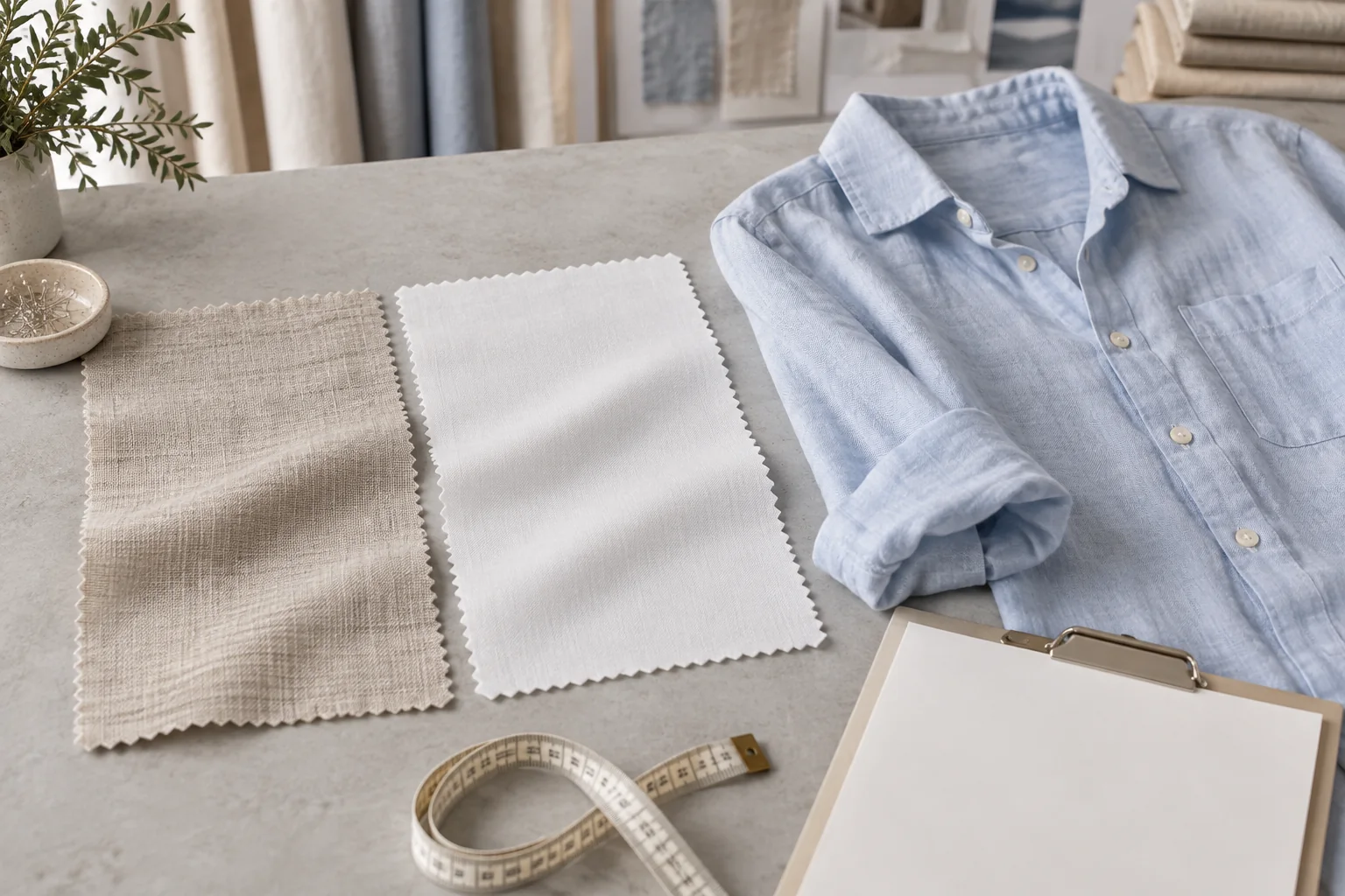 Side-by-side linen and cotton fabric swatches beside a relaxed shirt, measuring tape and a blank specification sheet, neutral apparel studio, no labels
