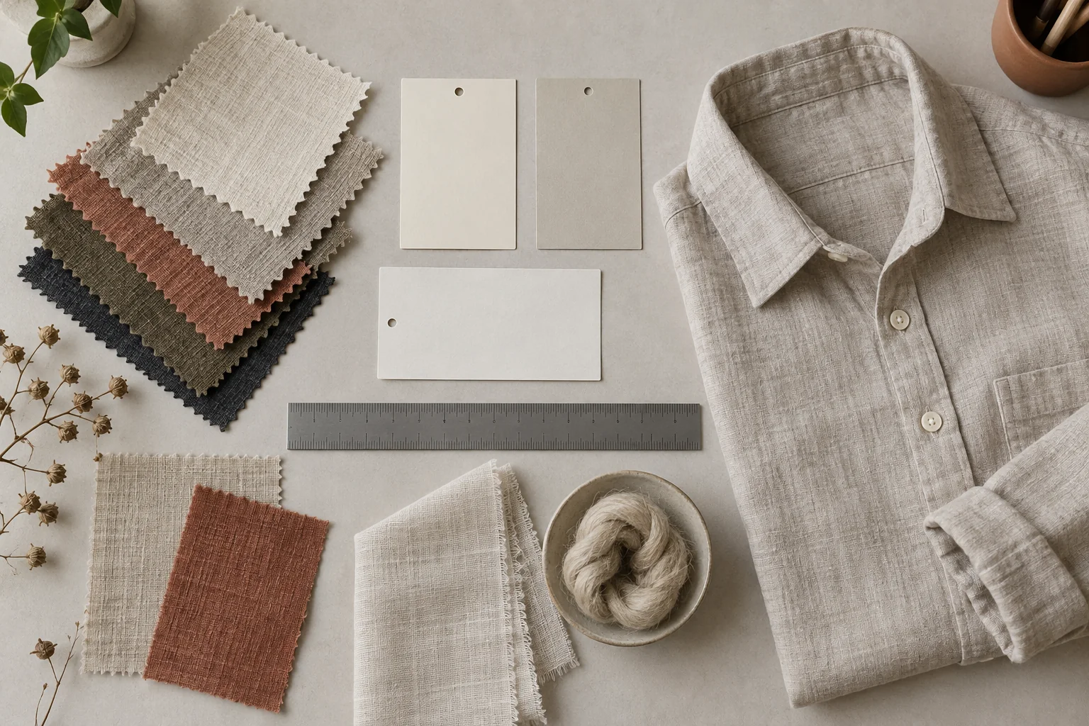 Apparel tech pack flat lay with linen swatches, fiber composition card, GSM target, width ruler, shrinkage notes and sewn shirt sample, no readable text