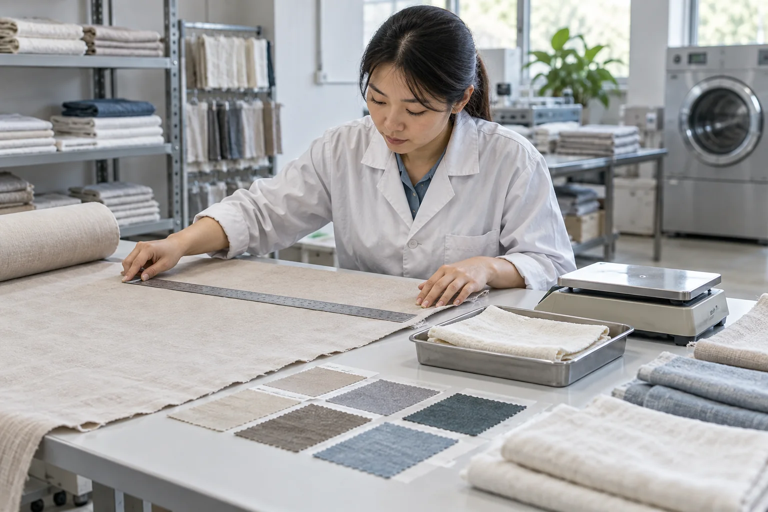 Textile quality technician checking linen fabric width, GSM, color swatches and laundered specimens on an inspection table, Asian technician, no logos or readable text