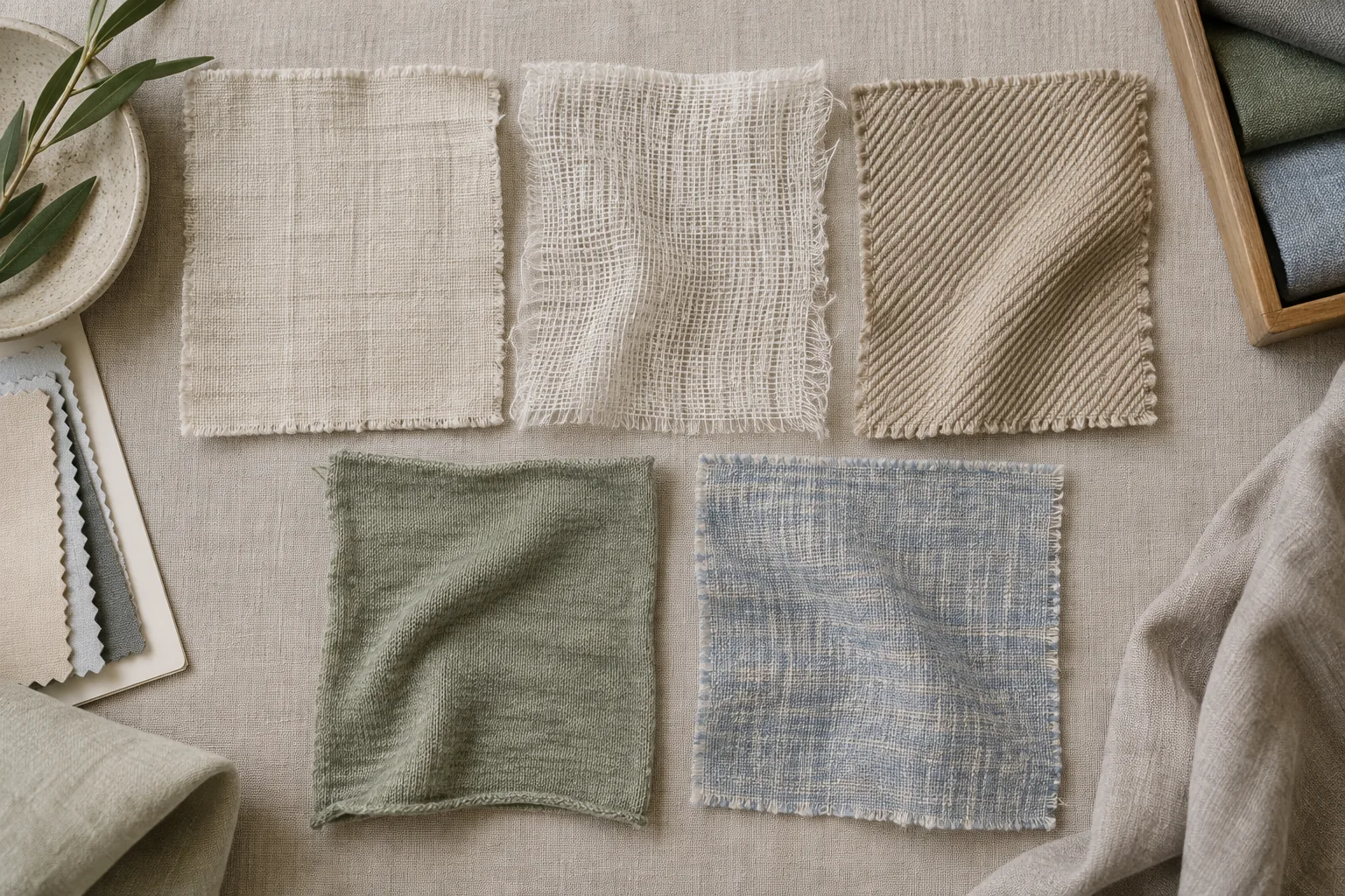 A practical board of linen fabric types including plain weave, linen gauze, linen twill, linen jersey and linen-cotton blend swatches, no readable text