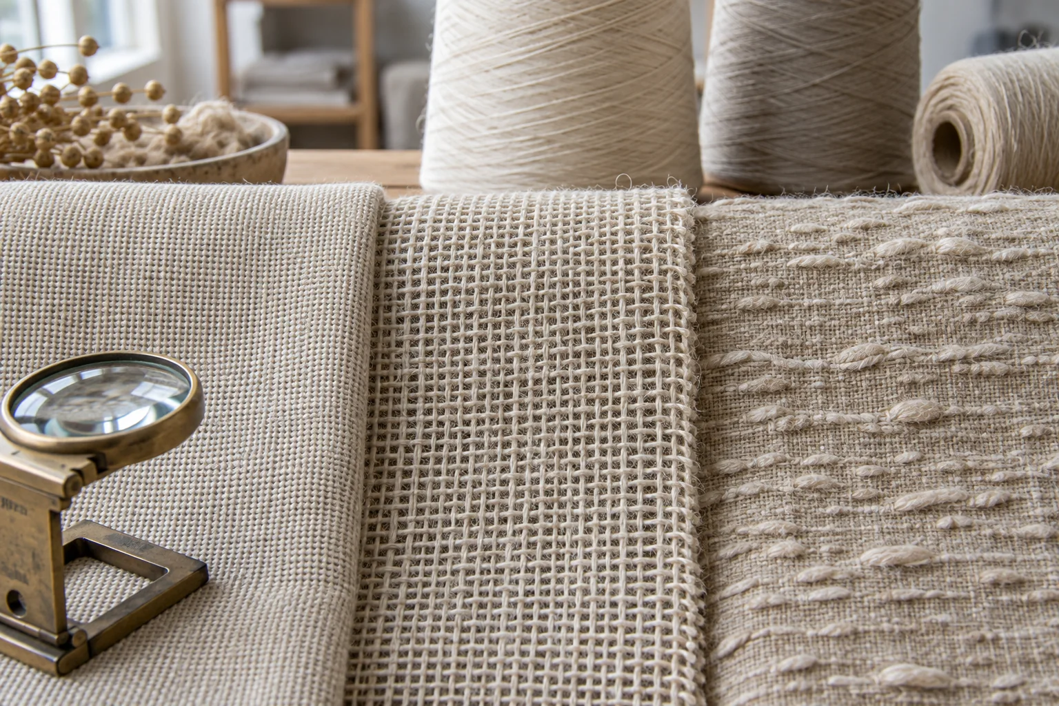 Close-up of linen plain weave, loose weave and textured yarn surfaces placed side by side with a fabric magnifier and yarn cones, no labels