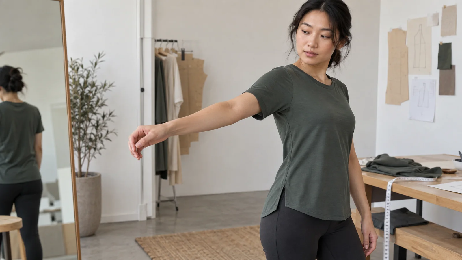 Woman in casual activewear in a design studio with fabric samples.