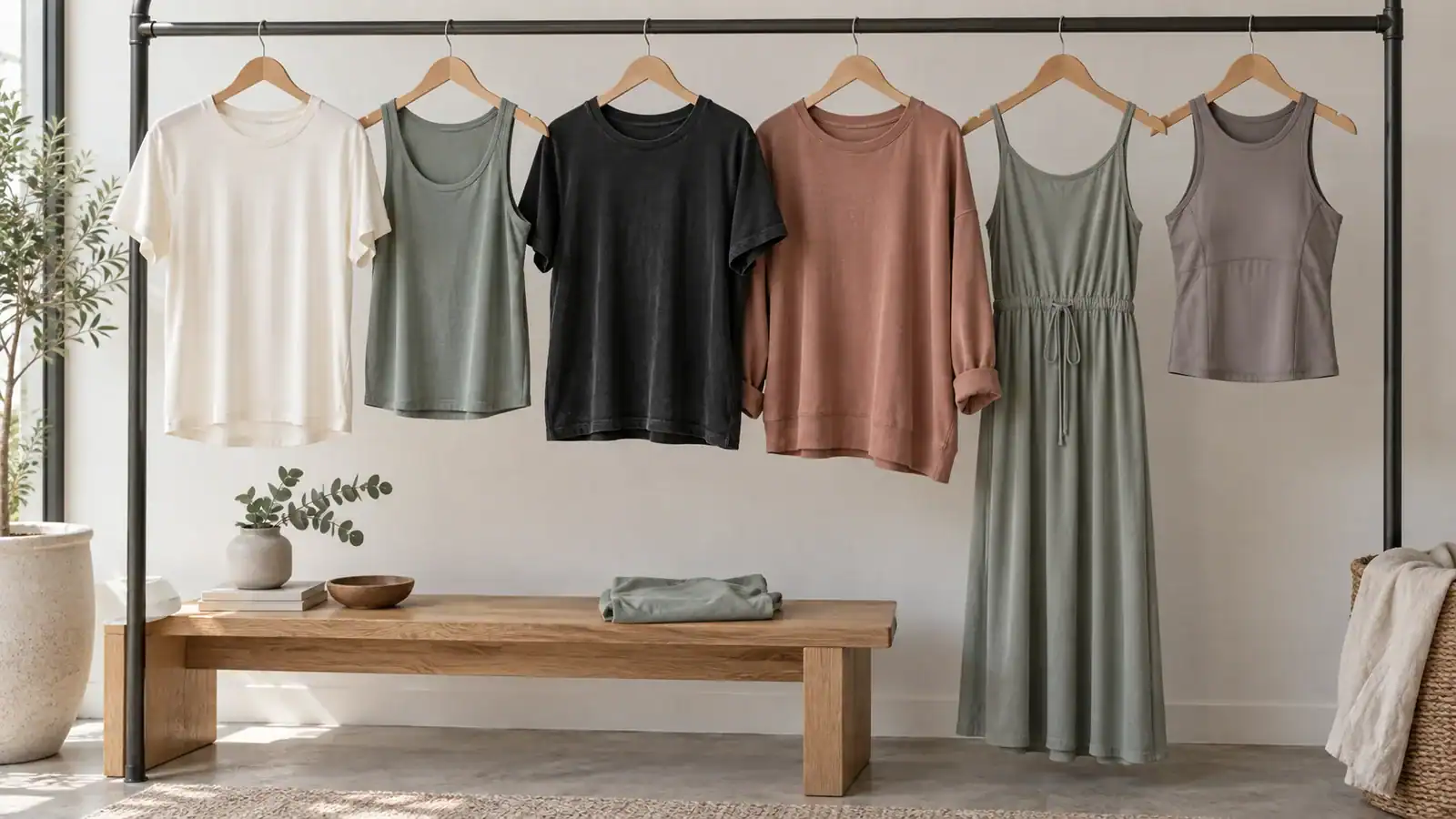 Display of various custom clothing items on hangers in a studio setting.