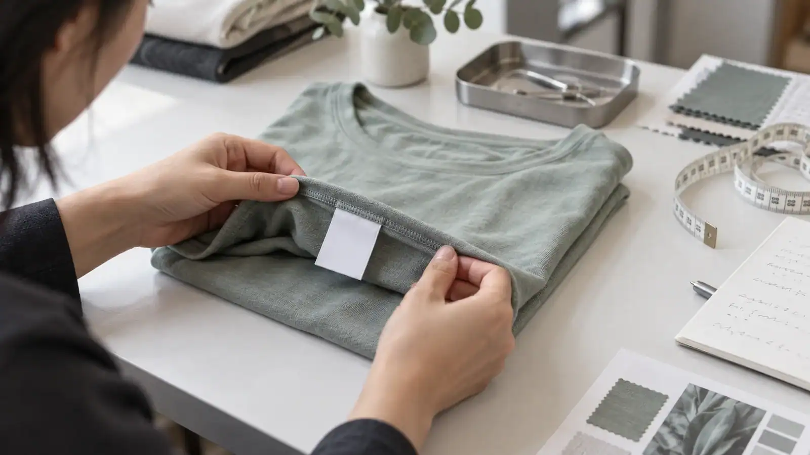 Garment care review with a lyocell sample, sewn care label, wash notes, and measuring tape
