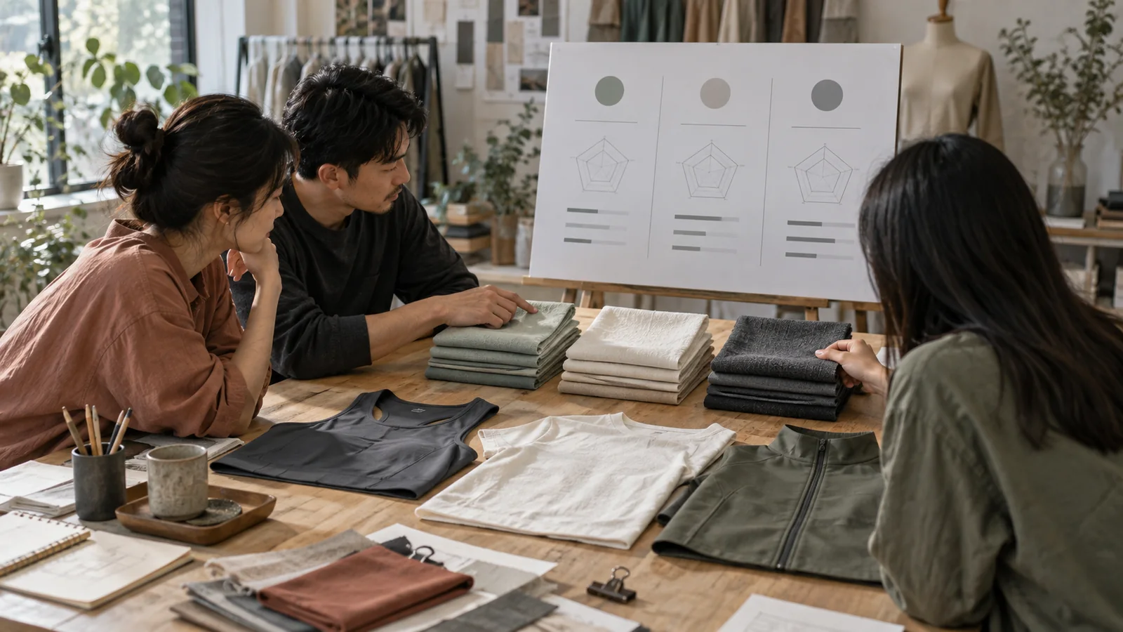 Procurement team comparing lyocell, cotton-rich, and synthetic fabric routes beside garment samples