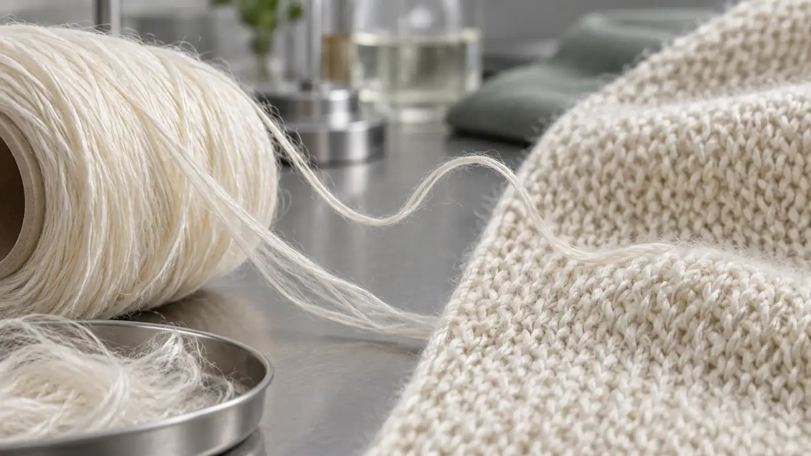 Close-up of knitted fabric and sewing materials for custom activewear.