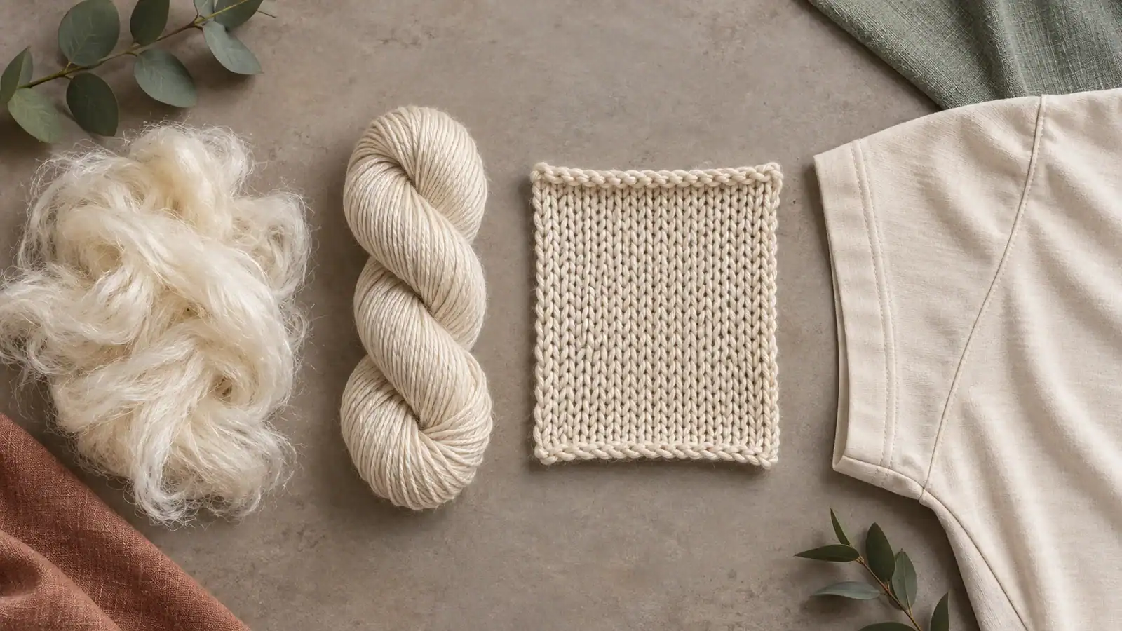 Close-up of fabric swatches and yarn for custom clothing manufacturing.