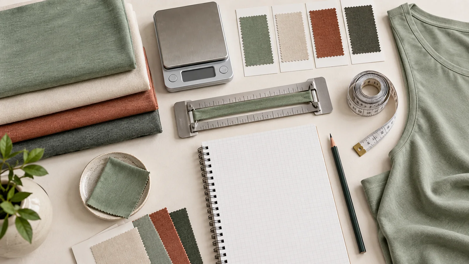 Fabric swatches, measuring tape, and clothing for custom apparel design.