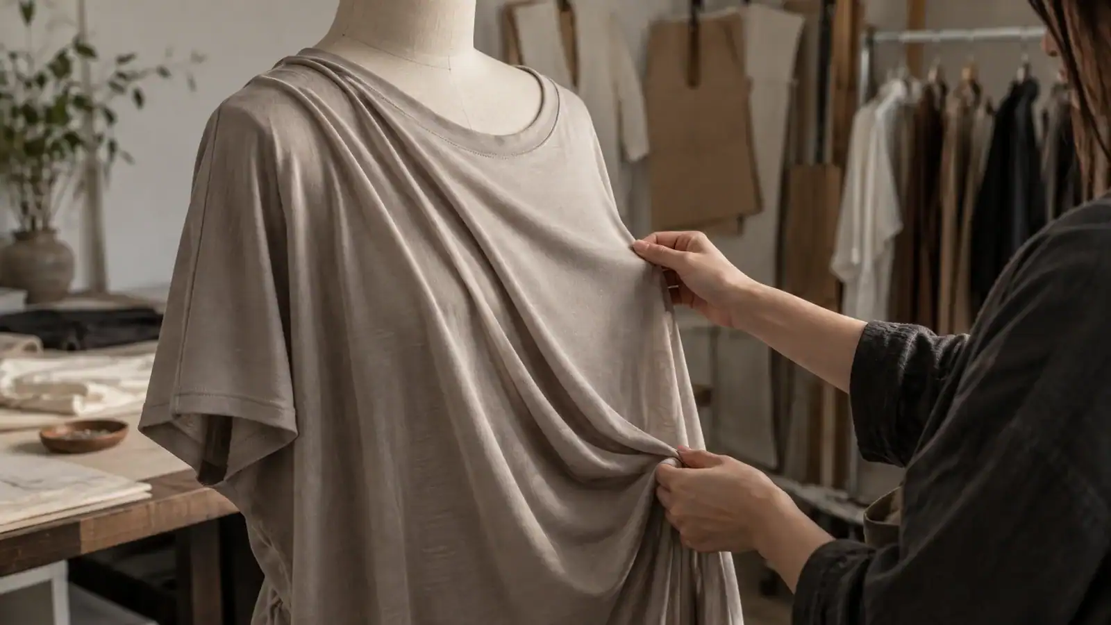 Lyocell knit draped beside a sewn neckline and sleeve showing soft surface texture and fluid fall