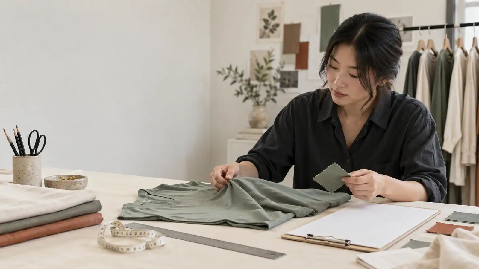 Fashion designer reviewing fabric samples for custom clothing.