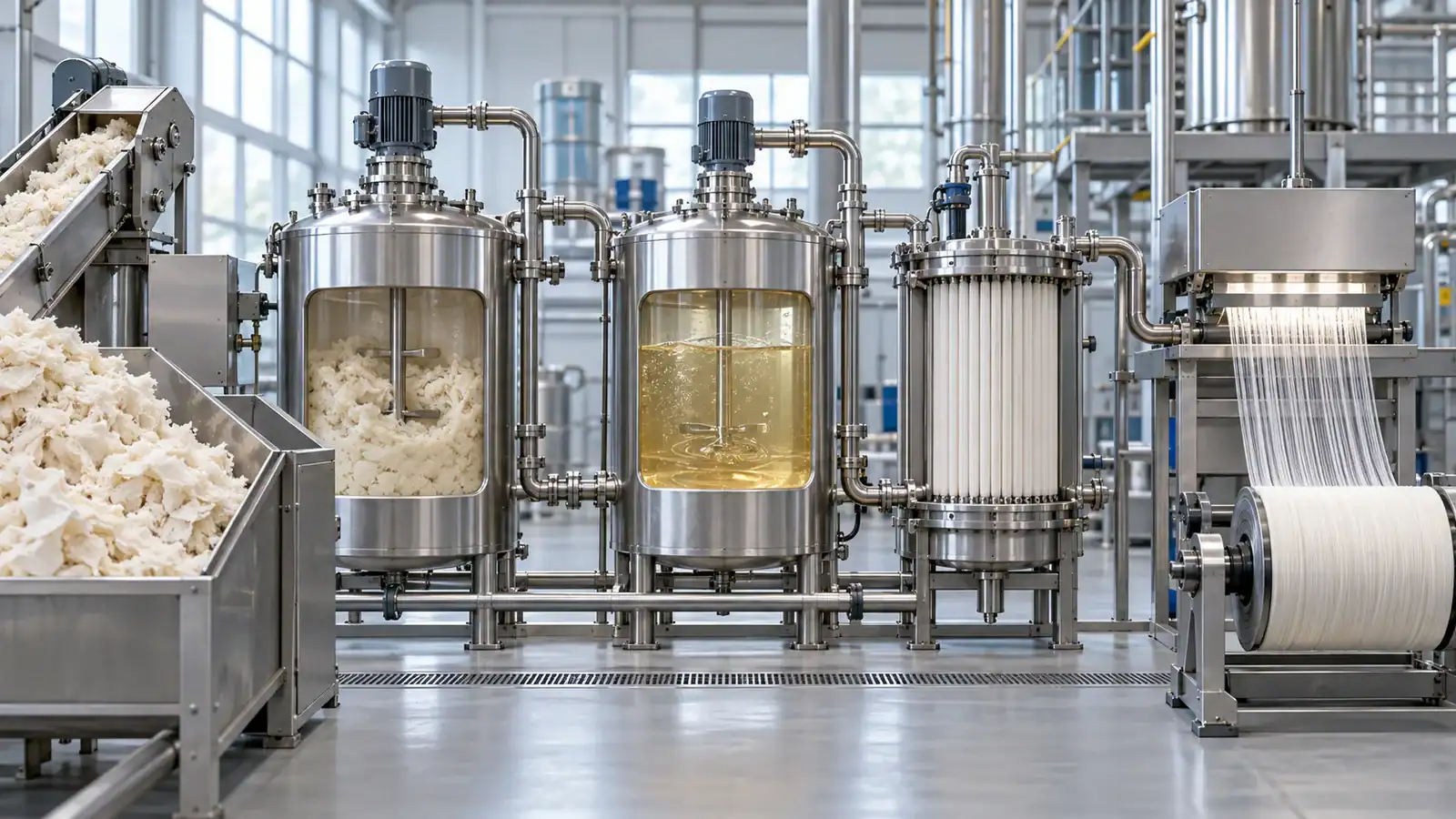 Generic cellulose to lyocell fiber process scene with pulp, processing vessels, and newly formed fiber