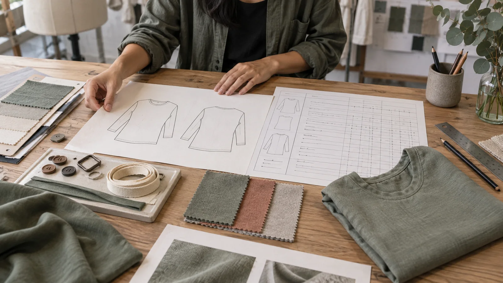 Apparel developer preparing a lyocell RFQ with a blank tech pack, fabric cards, and measurement chart