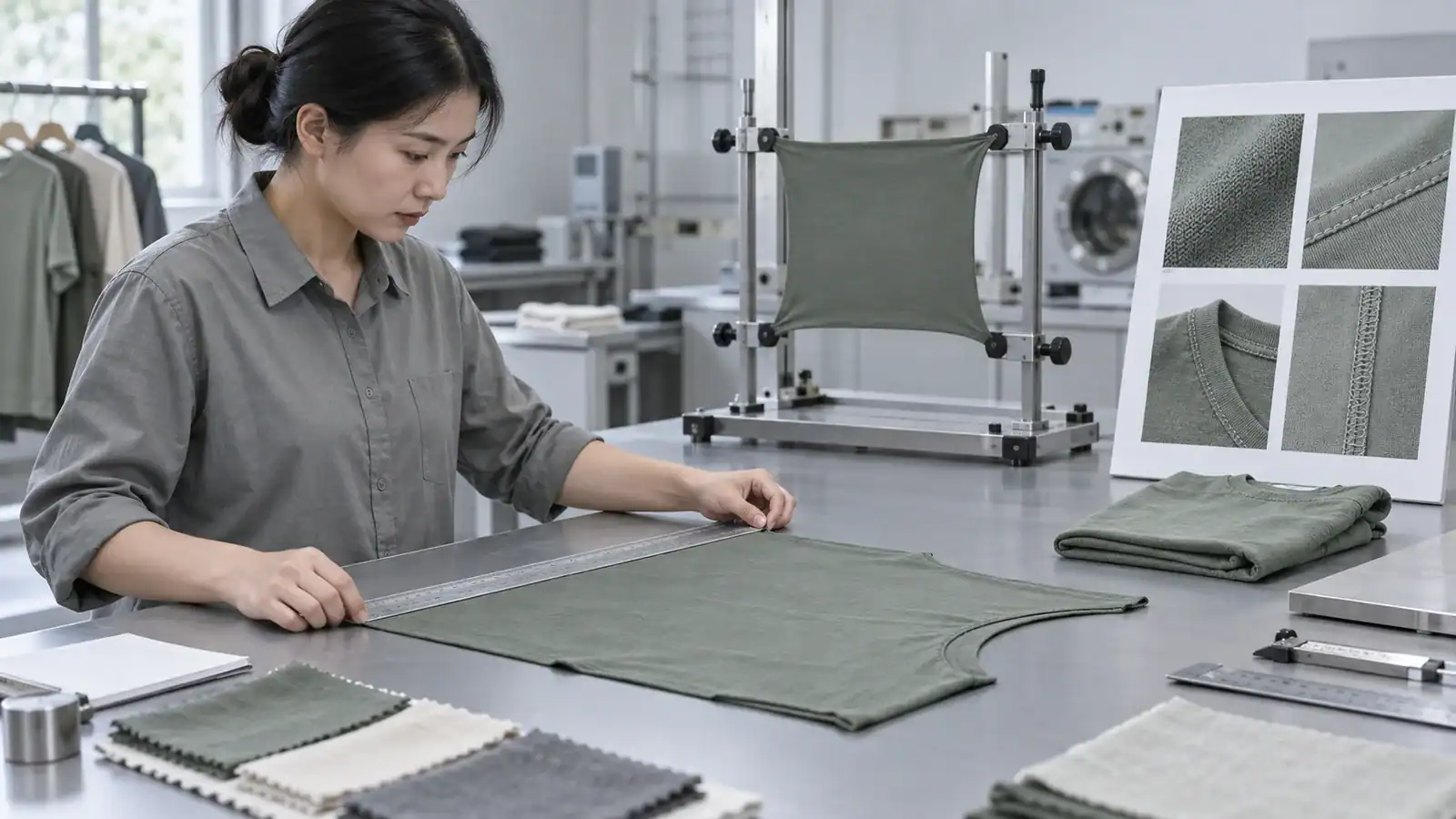 Fashion designer working on fabric samples in a clothing manufacturing studio.