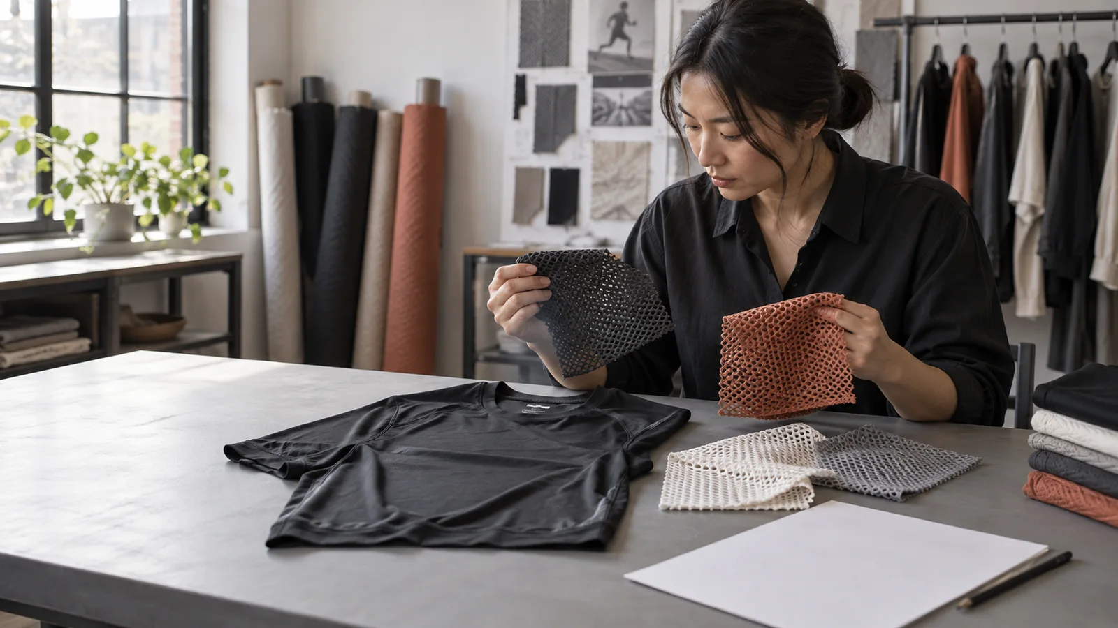 Apparel buyer comparing open mesh swatches, a training top, and a fabric specification sheet in a textile studio