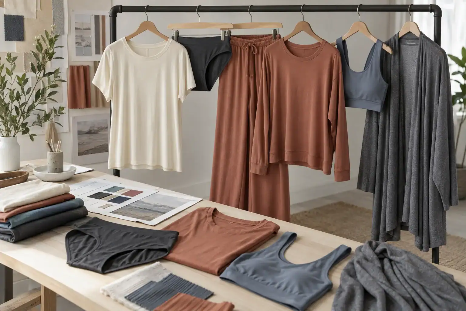 Ungebrandete Modal-Bekleidungsanwendungen einschließlich eines weichen T-Shirts, Unterwäsche, Loungewear, Yoga-Top und leichter Lagen