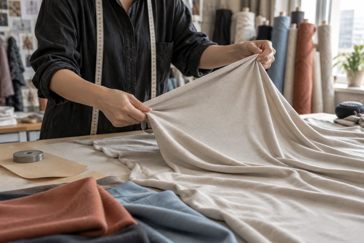 Modedesigner inspiziert Stoff für die Produktion maßgeschneiderter Kleidung.
