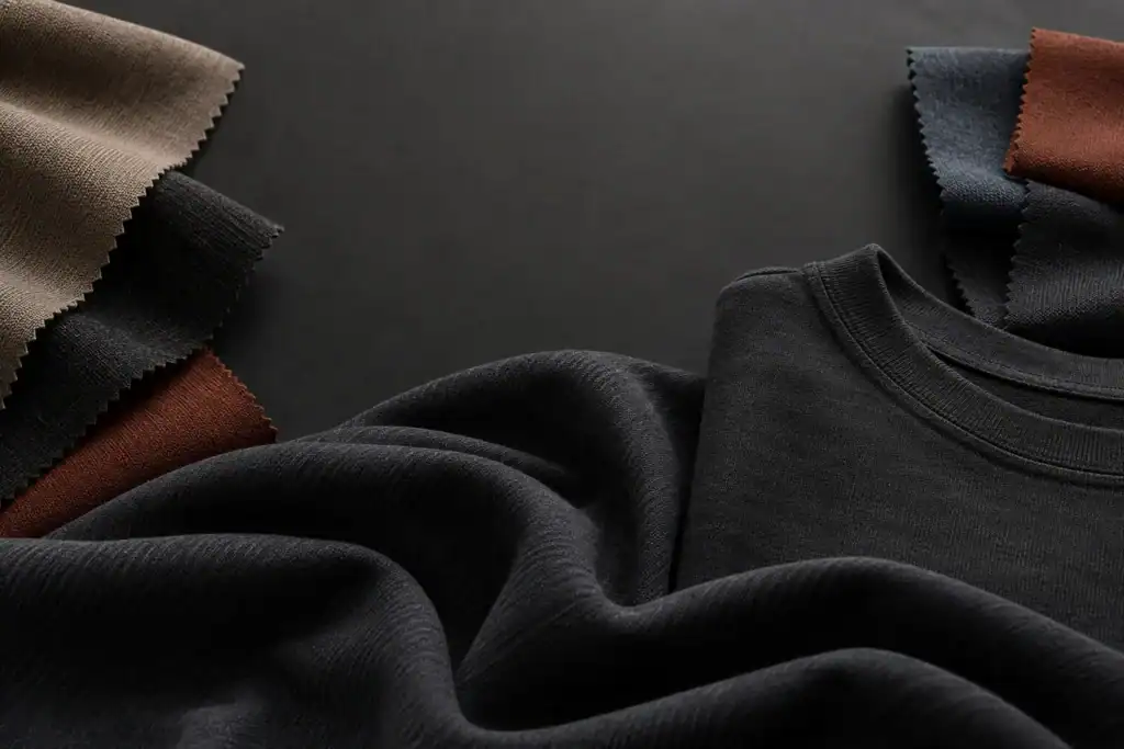 Primer plano de muestras de tela y sudadera negra para ropa personalizada.