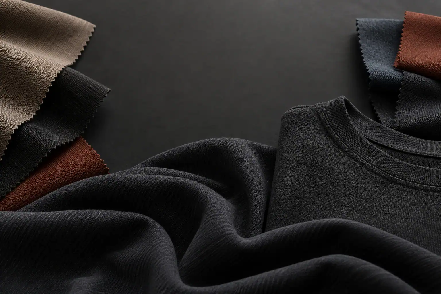 Close-up of fabric swatches and black sweatshirt for custom clothing.