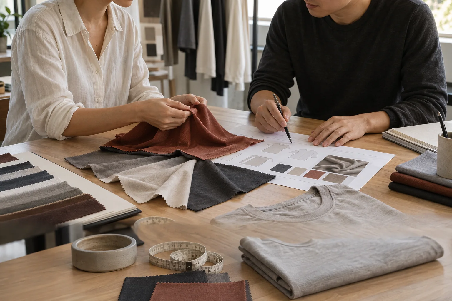 Designteam überprüft Stoffmuster und Skizzen für maßgeschneiderte Kleidung.