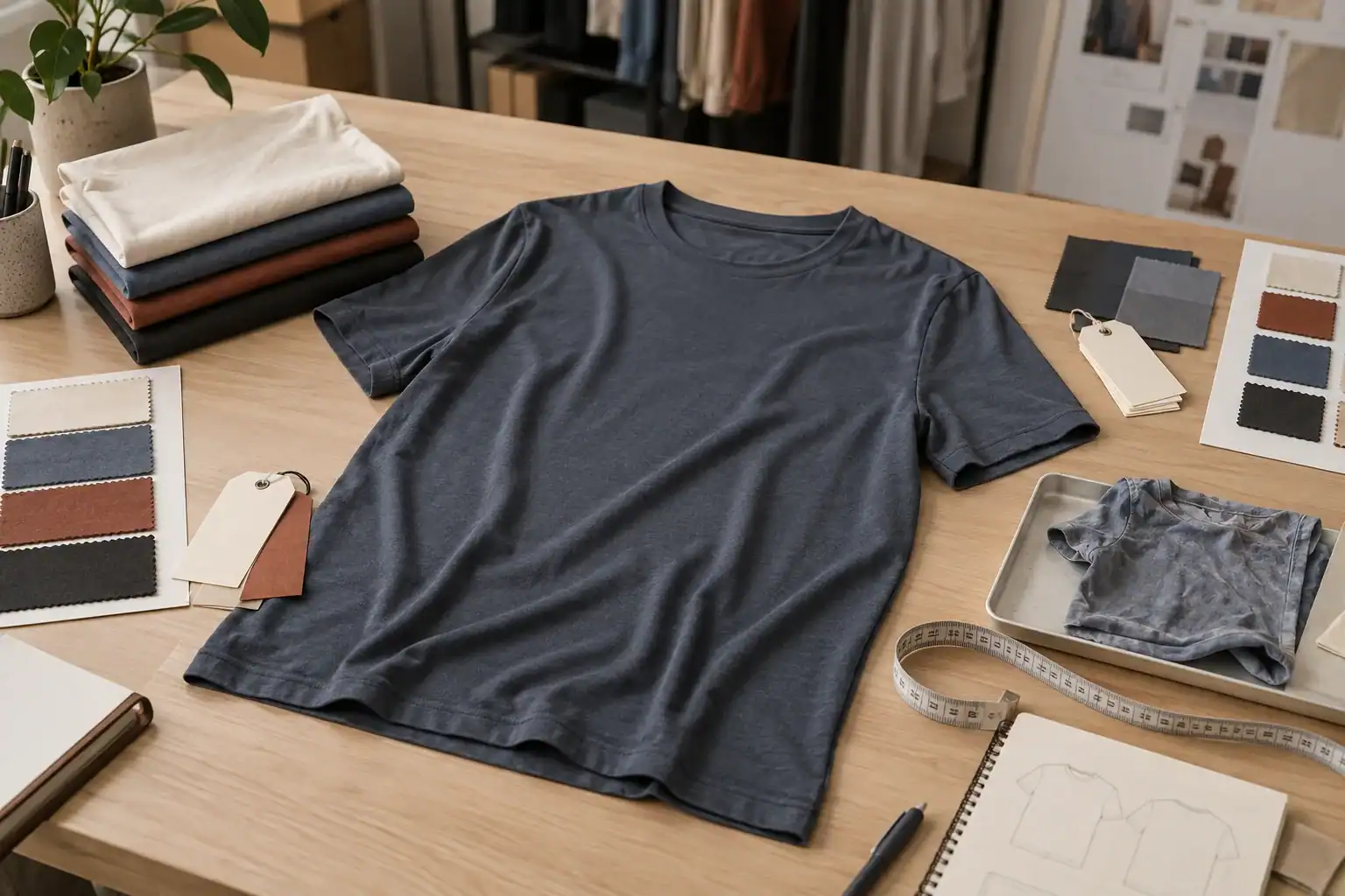 Modal-T-Shirt-Musterfreigabetabelle mit gefalteten Mustern, Waschtestprobe, Maßband und Änderungshinweisen