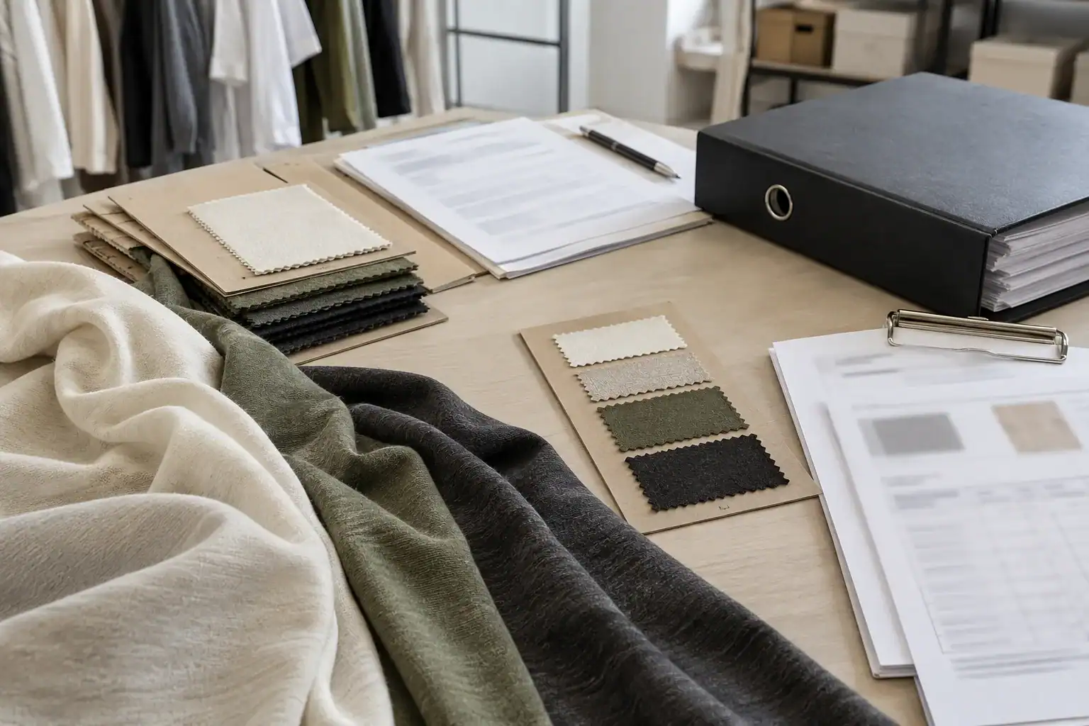 Stoffmuster und Designdokumente für die Produktion maßgeschneiderter Kleidung.