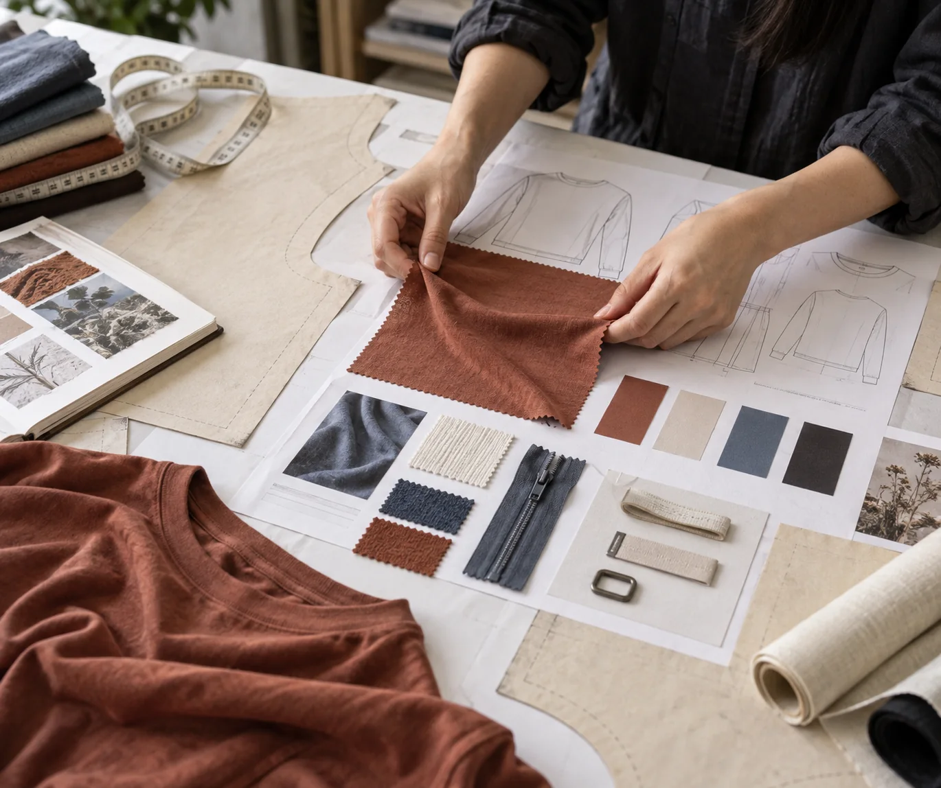 Modedesigner arbeitet an Stoffmustern und Skizzen für maßgeschneiderte Kleidung.