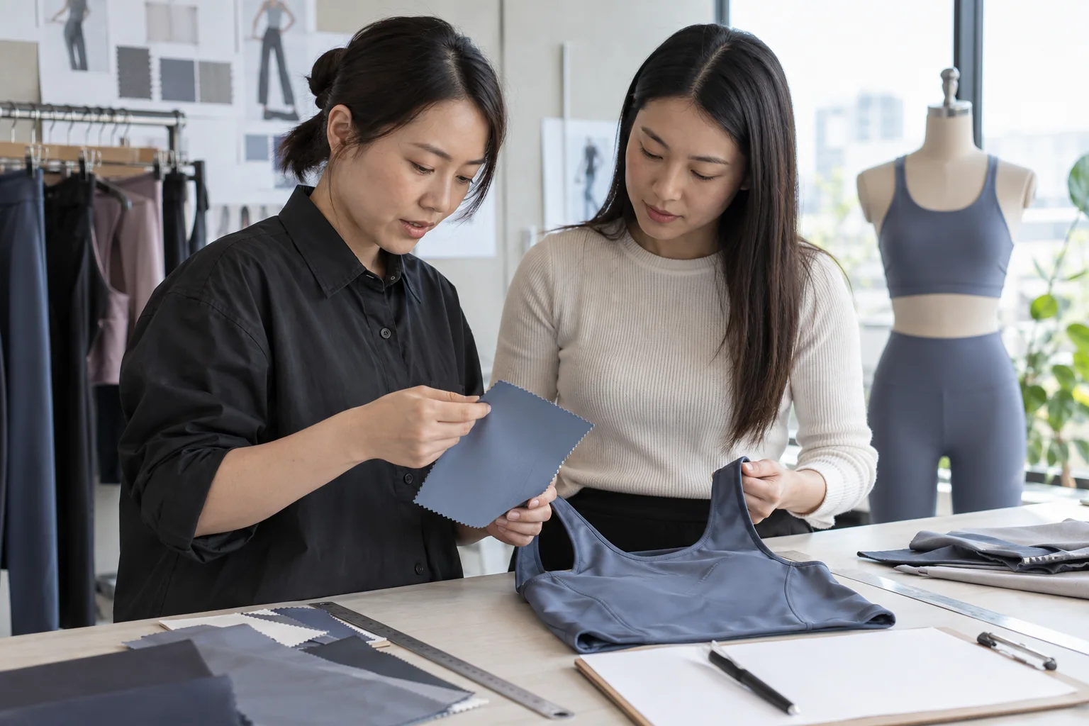 Bekleidungseinkäufer und Produktentwickler genehmigen ein Nylon-Activewear-Muster neben einem fertigen Muster und Material-Checkliste