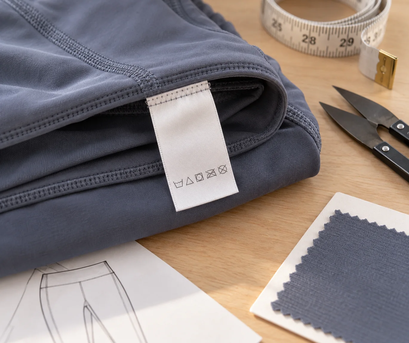 Nylon-Activewear-Muster neben einem genähten Pflegeetikett, Waschsymbolen, Maßband und Pflegefreigabenotizen