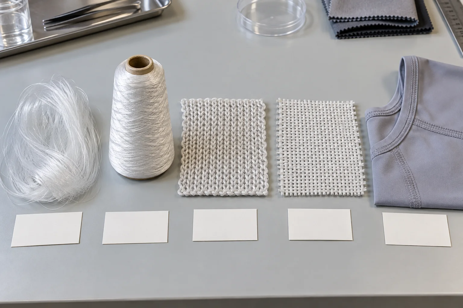 Nylonfilamente, Garn, gestrickter Stoff, gewebter Stoff und ein genähtes Activewear-Panel, angeordnet als separate Bekleidungsspezifikationsschichten