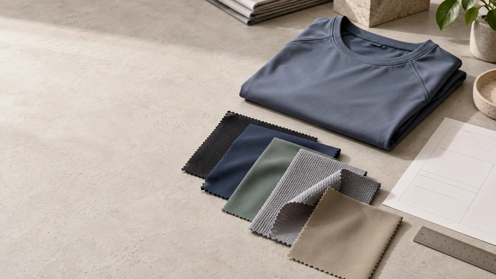 Apparel buyer comparing nylon activewear swatches, a stretch sample and a garment at a textile specification desk
