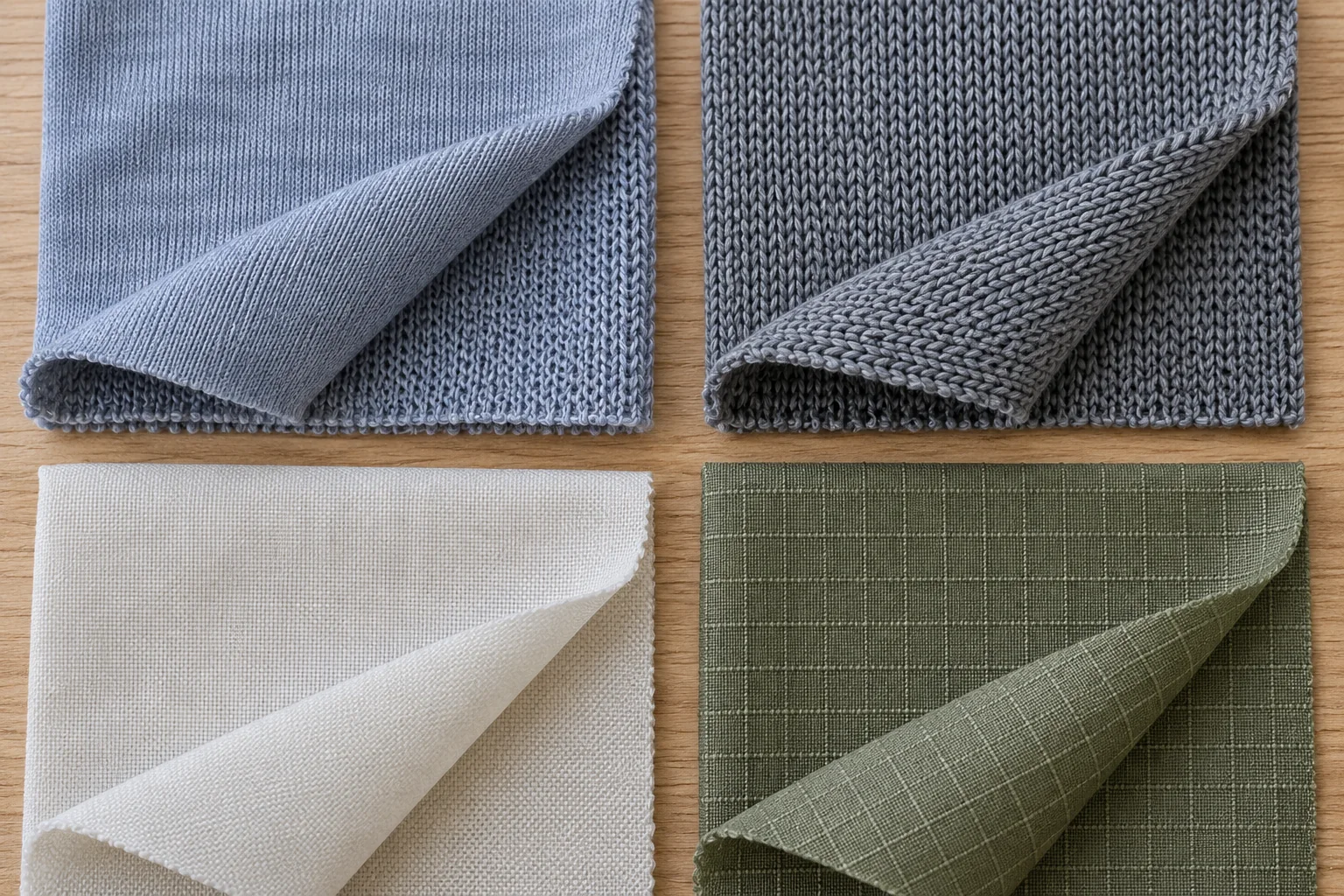 Gestrickte und gewebte Nylonstoffmuster mit glattem Jersey, Rippstruktur, gewebter glatter Oberfläche und Stretchmustern auf einem Textilarbeitstisch