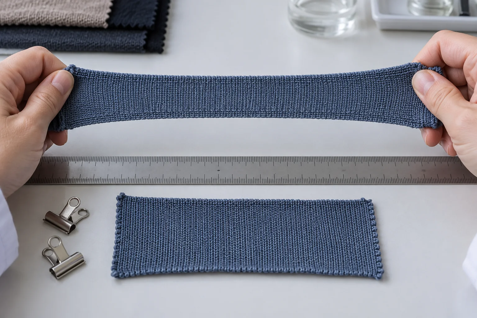 Nylon- und Stretchfaser-Muster werden mit einem Lineal und Stoffklammern auf Dehnung und Rücksprung geprüft