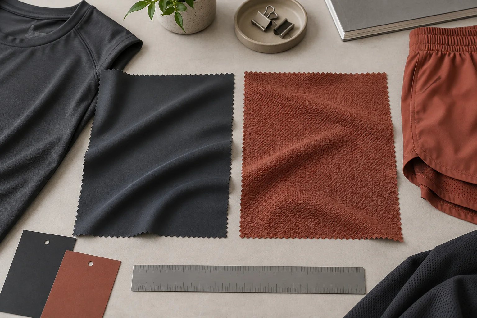 Nylon- und Polyester-Activewear-Stoffmuster im Vergleich neben einem Trainingsoberteil, Shorts-Panel und Spezifikationsnotizen