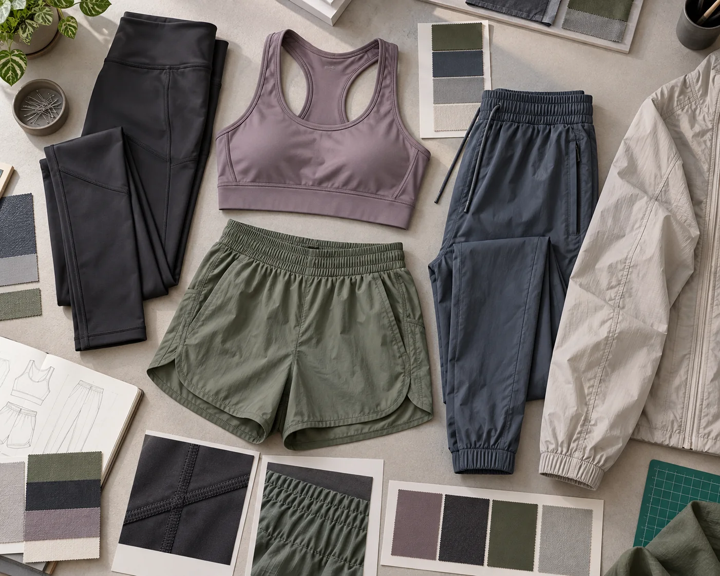 Activewear-Produkt-Auswahltafel mit Nylonoptionen für Leggings, Sport-BHs, Trainingsshorts, Jogginghosen und leichte Schichten