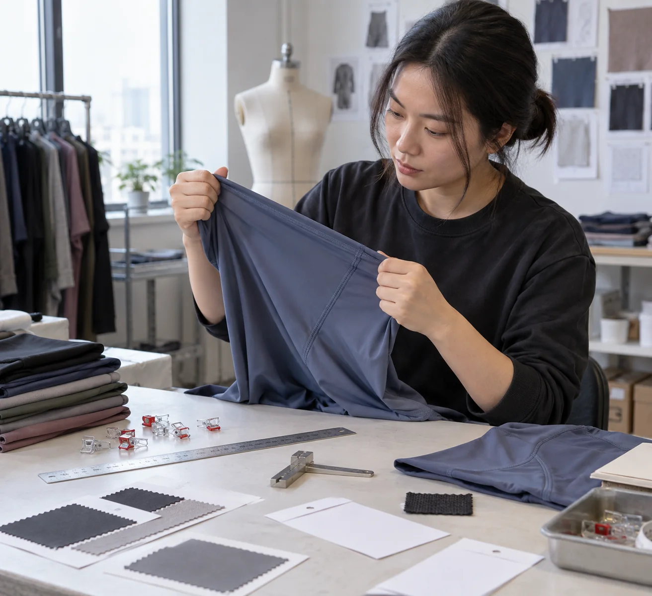 Textiltechniker überprüft ein Nylon-Activewear-Muster mit Stretchlineal, Nahtwerkzeugen und Waschtestnotizen