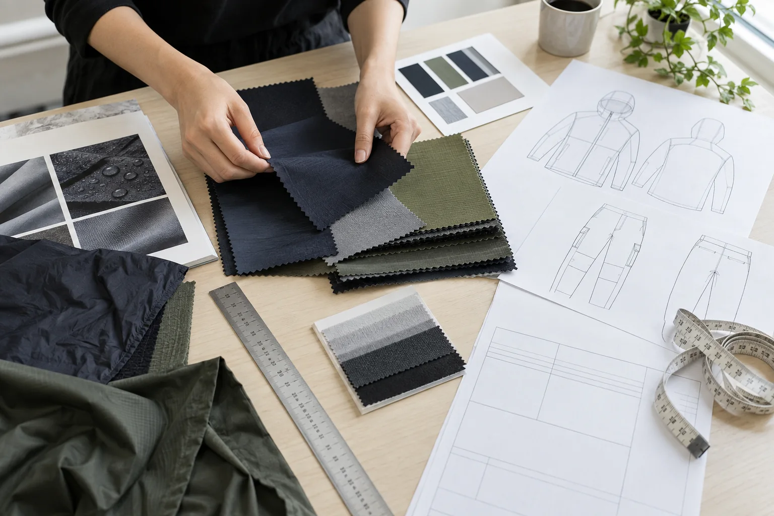 Bekleidungsspezifikationsschreibtisch mit Nylonmustern, GSM-Skala, Stretchlineal, Farbkarten und einem technischen Materialblatt