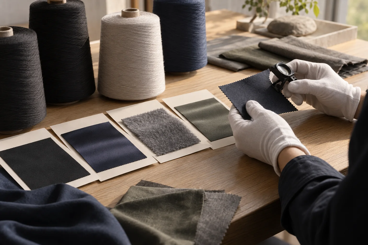 Nylongarn und Oberflächenfinish-Muster neben einer Lupe, Musterkarten und einem Finish-Vergleichsblatt