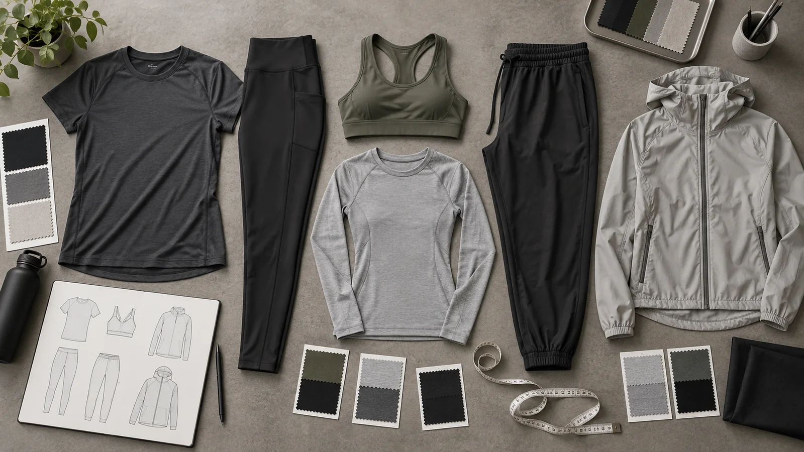 Training tee, leggings, sports bra, jogger, base layer and lightweight shell arranged with performance fabric swatch cards for product development