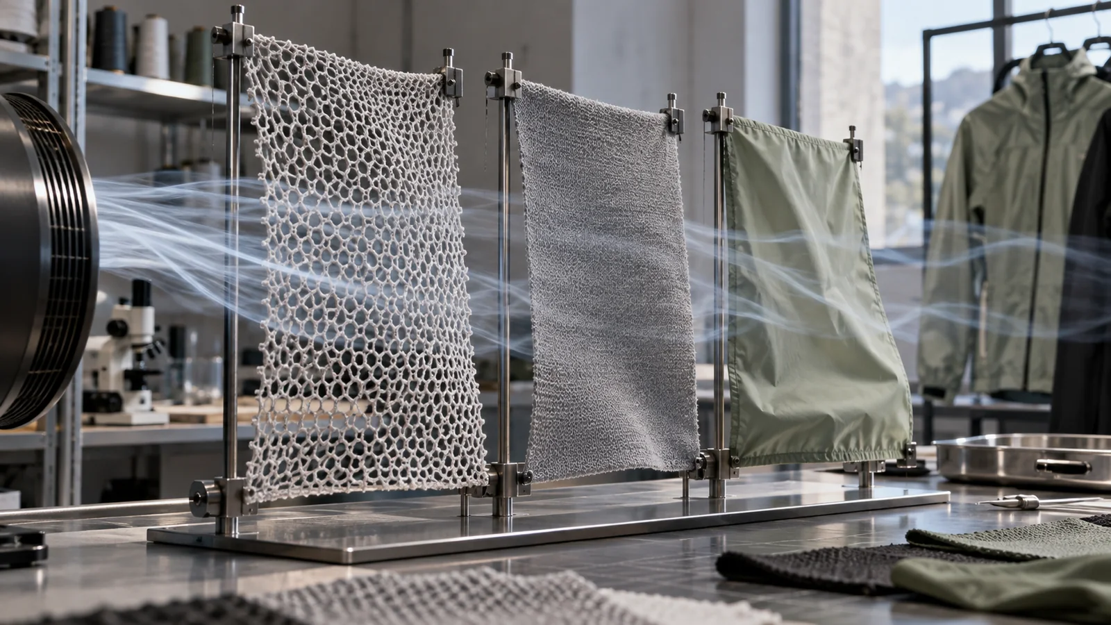 Open mesh, dense interlock and lightweight shell fabric panels compared on a technical worktable with airflow notes