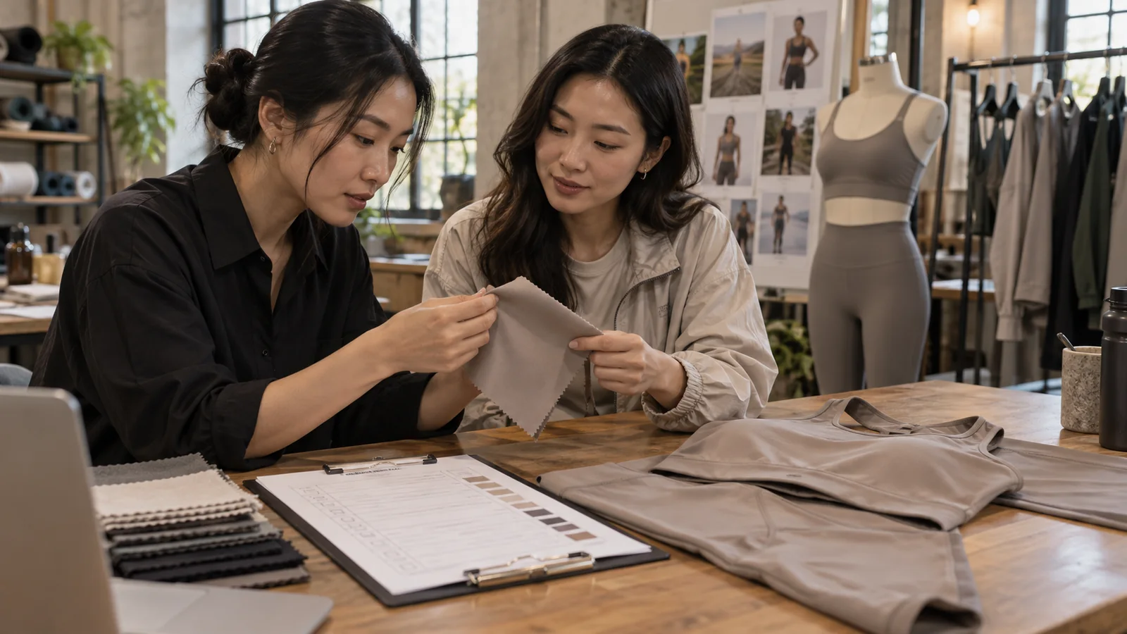 Apparel buyer and product developer approving a performance fabric swatch beside a finished garment and material checklist