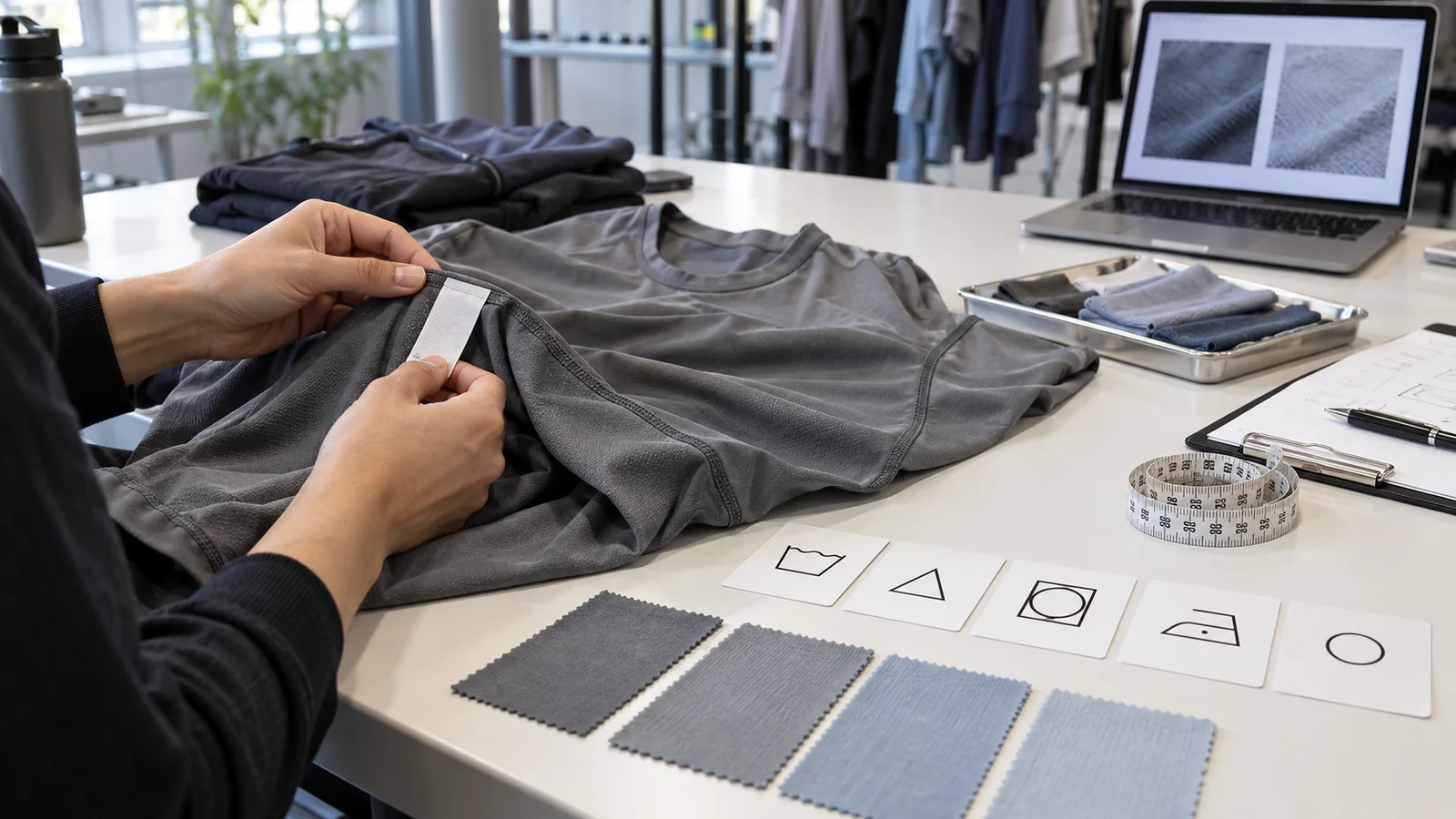 Performance activewear sample beside a sewn care label, wash symbols, measurement tape and post-laundry approval notes