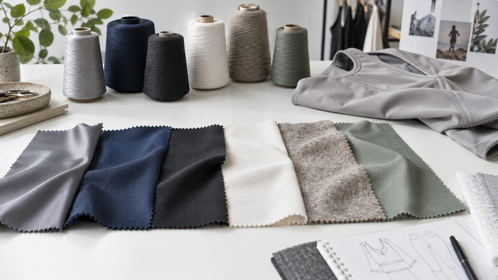 Polyester, nylon, elastane blend, cotton, wool and regenerated cellulosic fabric swatches compared on an apparel development table