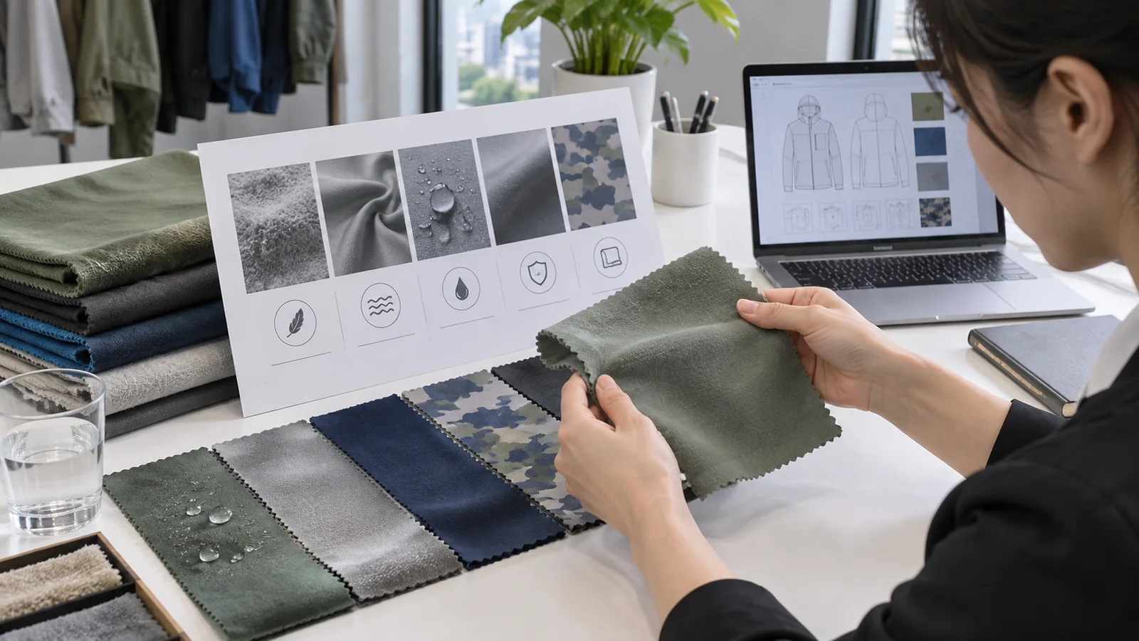 Finished performance fabric swatches with brushed, softened, moisture-treated, coated and printed surfaces beside a claim review sheet