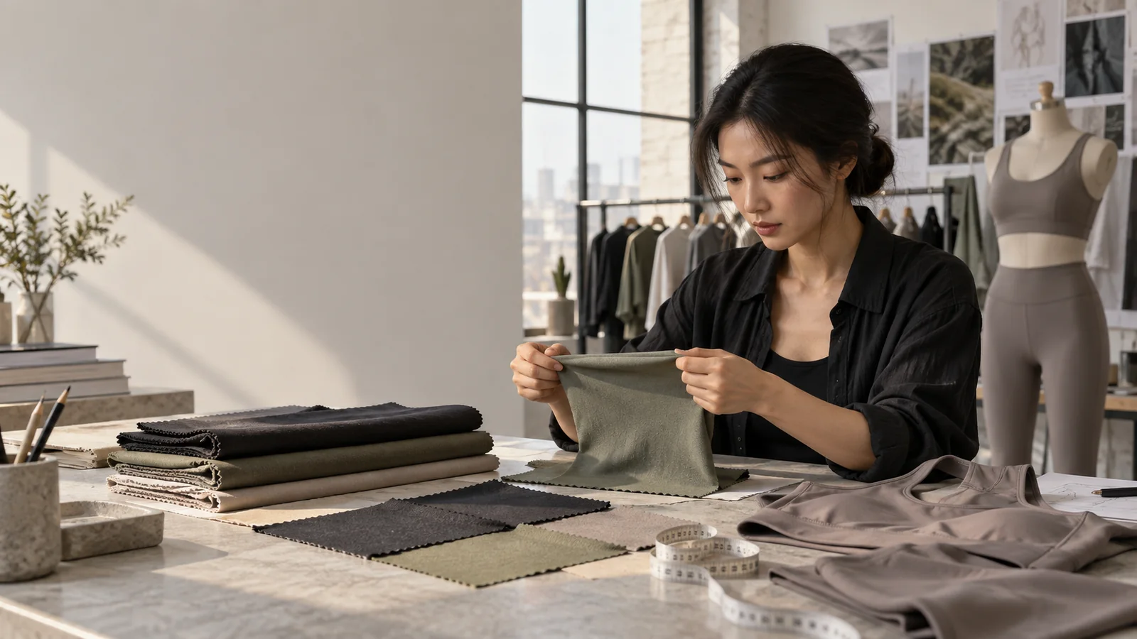 Apparel buyer comparing performance fabric swatches, a stretch sample and a finished activewear garment at a textile specification desk